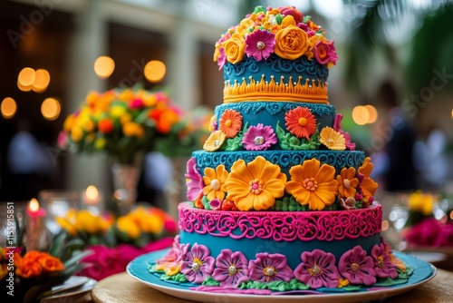 Colorful floral cake displayed at a festive celebration with vibrant decorati...