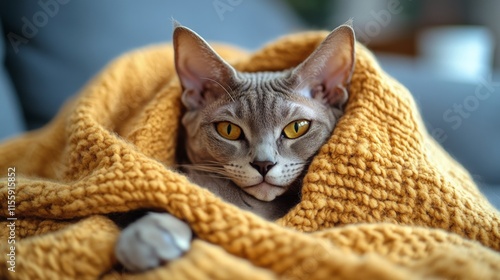 Cozy sphynx cat wrapped in a soft blanket resting peacefully indoors