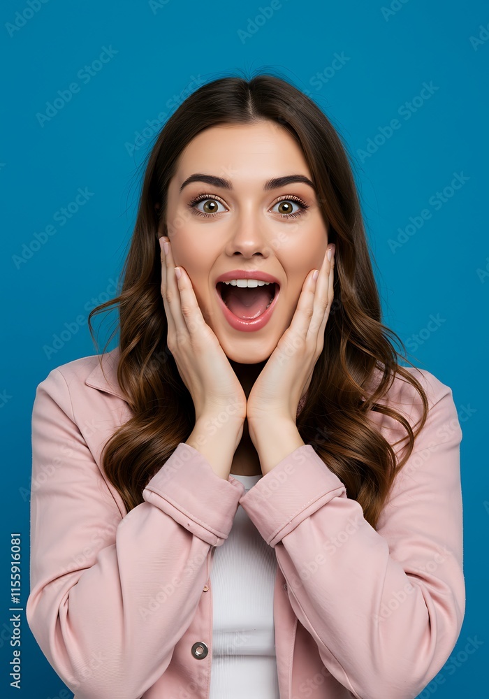 Excited Woman with Surprised Expression in Pink Cardigan and White Top
Excited Woman with Surprised Expression in Pink Cardigan and White Top