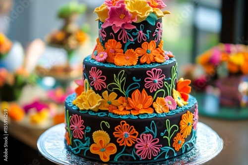 Colorful floral cake displayed at a festive celebration with vibrant decorati...