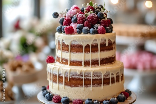 Elegant layered cake displayed in a cozy bakery during afternoon hours