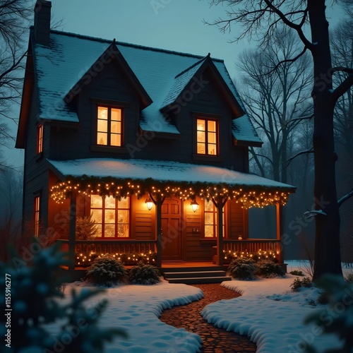 Ilumina tu Navidad con el encanto de una casa de campo nevada y decorada.
