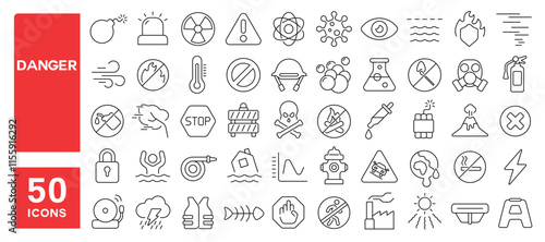 Set of 50 line icons related to danger, warn, alert, chemical, hazard, toxic, protection, bomb, radiation, caution, Editable stroke. Vector illustration