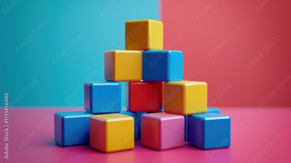 Colorful Blocks Pyramid on Pink and Blue Background Colorful Blocks Pyramid on Pink and Blue Background