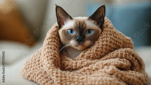 Cozy sphynx cat wrapped in a soft blanket resting peacefully indoors
