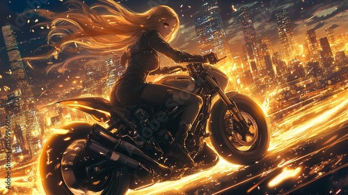 A daring anime girl on a motorcycle at dusk her wind photo