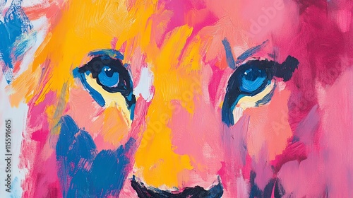 A vibrant, abstract painting of a lion's face, emphasizing its striking blue eyes. photo