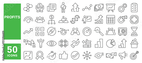 Set of 50 line icons related to profits, earnings, chart, business, report, statistics, finance, growth, increase, Editable stroke. Vector illustration