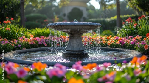 Elegant fountain surrounded by colorful flowers in a serene garden setting