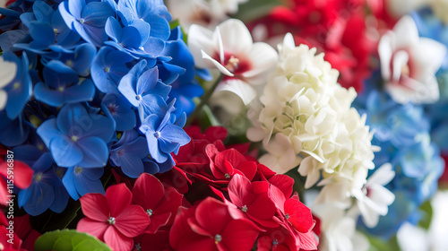 Fototapeta Naklejka Na Ścianę i Meble -  Close up of tricolor hydrangea flower arrangement. White, red, and blue floral composition for 4th of July and American federal holidays celebration