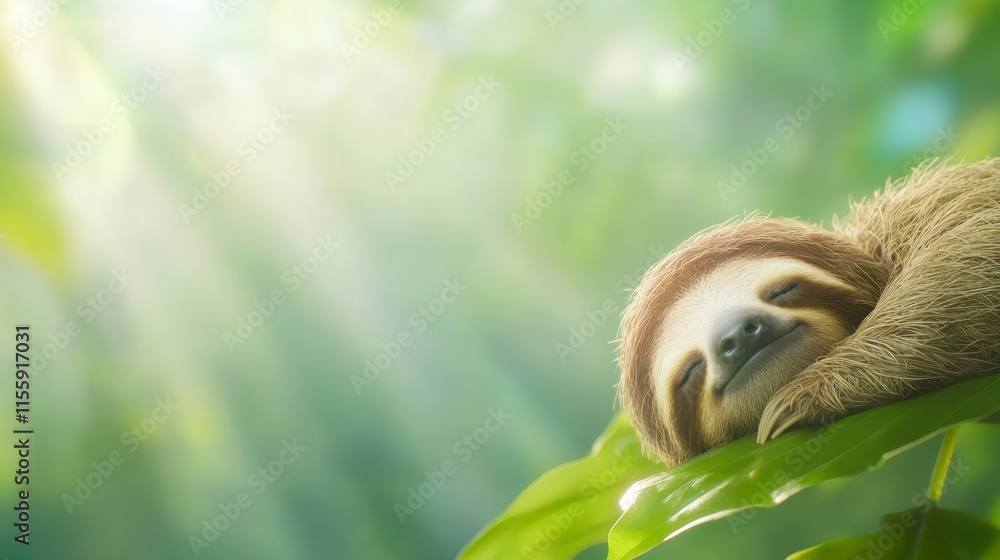A peaceful sloth rests on a green leaf, surrounded by gentle sunlight filtering through the lush forest canopy. A peaceful sloth rests on a green leaf, surrounded by gentle sunlight filtering through the lush forest canopy.