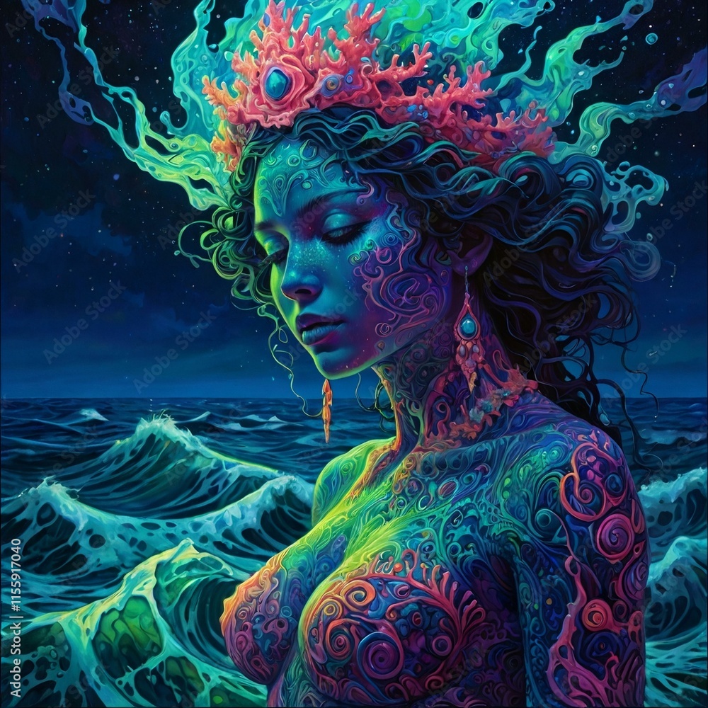 Twilight sea deity merging with ocean waves, adorned with glowing patterns of bioluminescent algae Twilight sea deity merging with ocean waves, adorned with glowing patterns of bioluminescent algae