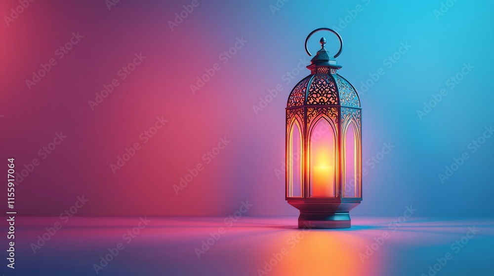 Obraz premium Illuminated lantern with intricate metalwork glows against vibrant pink and blue background.