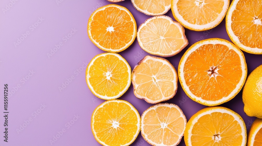 Fresh Citrus Fruits Arrangement on Purple Background for Refreshment Fresh Citrus Fruits Arrangement on Purple Background for Refreshment