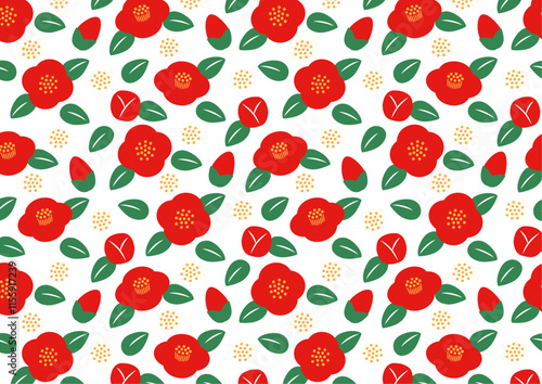 白背景の椿のパターンのイラスト_赤
