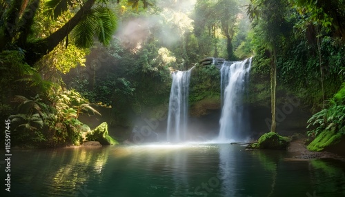 Misty Jungle Waterfall Cascading into a Crystal-Clear Pool at Dawn