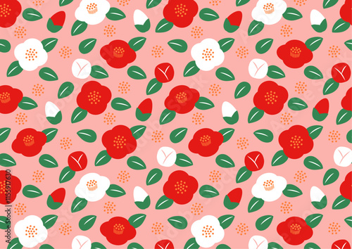 ピンク背景の椿のパターンのイラスト_赤と白_スウォッチ登録あり