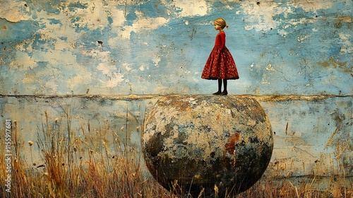 Solitude: A Girl in a Red Dress on a Stone