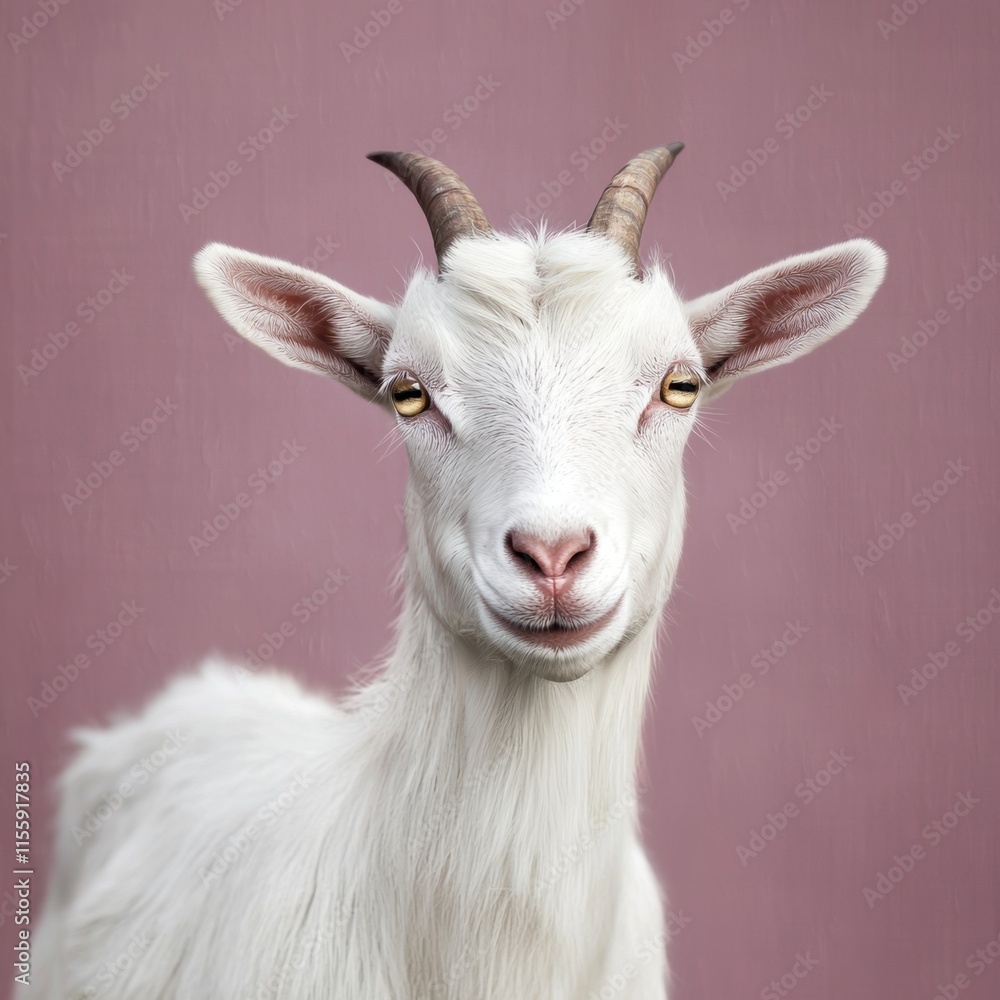 Friendly White Goat with Soft Features and Pink Background Friendly White Goat with Soft Features and Pink Background