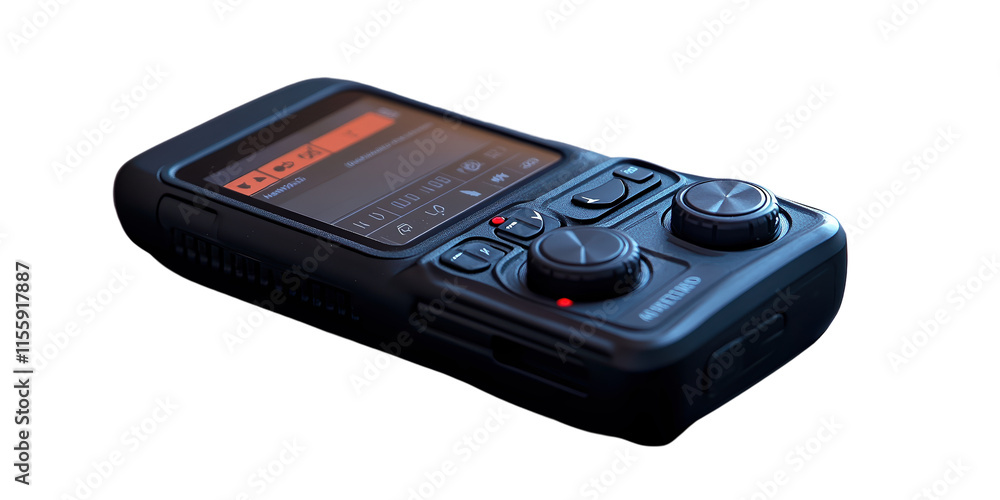 Compact black electronic device with dual knobs and LCD screen. Modern and functional design for audio recording, mixing, or professional equipment control. Compact black electronic device with dual knobs and LCD screen. Modern and functional design for audio recording, mixing, or professional equipment control.