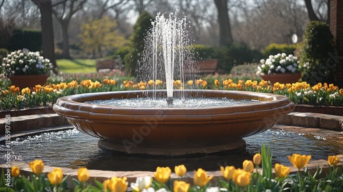 Vibrant spring fountain surrounded by colorful tulips in a lush garden setting