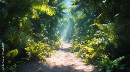 Lush tropical pathway amidst vibrant foliage in a sunlit forest