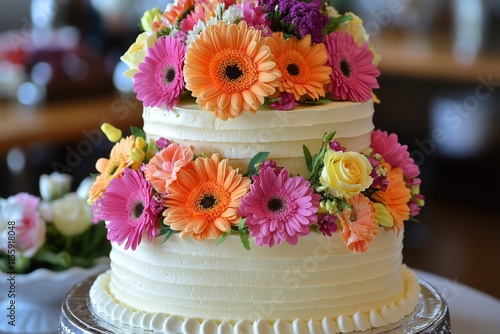 Beautiful three-tier cake adorned with vibrant flowers for a special celebration