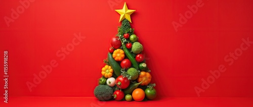 Christmas tree made of fresh vegetables and fruits on red background.