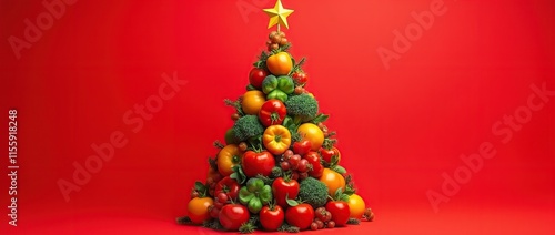 Christmas tree made of fresh vegetables and fruits on red background.