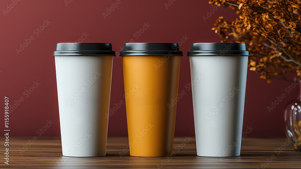 Mock Up Three Stylish Coffee Cups on a Wooden Table With Autumn Decorations Mock Up Three Stylish Coffee Cups on a Wooden Table With Autumn Decorations