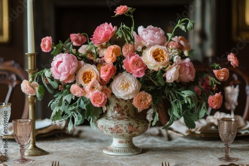 Elegant floral arrangement featuring pink and peach roses in a vintage vase o...