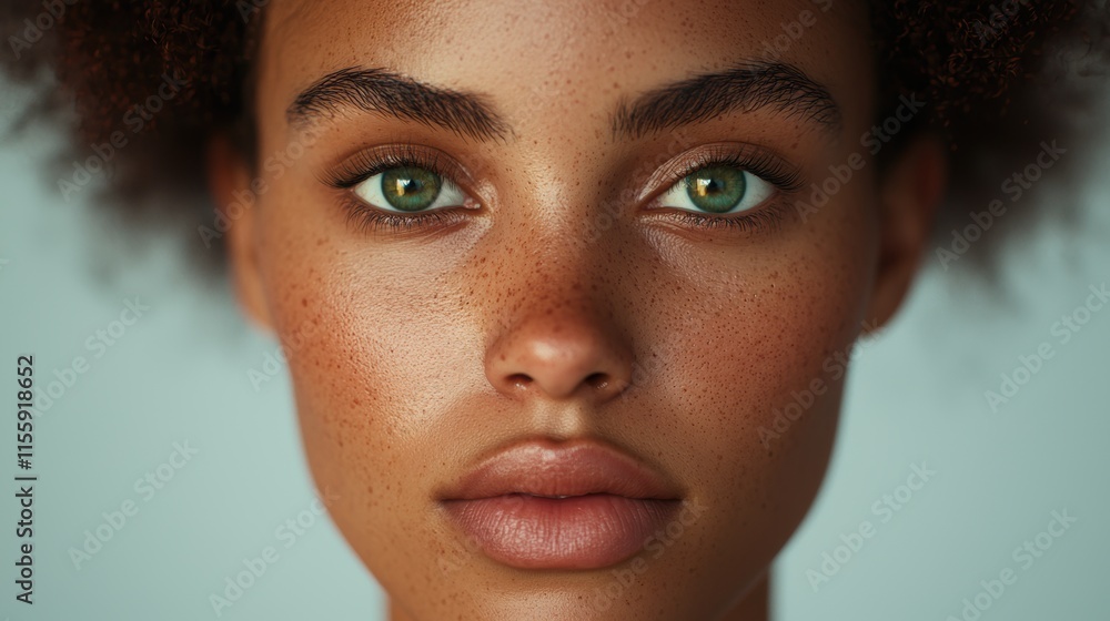 Natural Portrait of Young Woman with Freckles and Green Eyes Natural Portrait of Young Woman with Freckles and Green Eyes