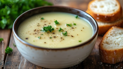 Creamy soup served with toasted bread and fresh herbs on a rustic wooden table