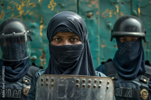 Middle Eastern woman in protective gear and hijab generative AI modern technology photo