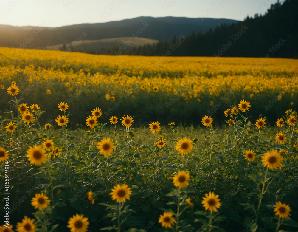 Golden Sunflower Field at Sunset, Vast Landscape of Sunflowers in Bloom, Serene Sunflower Meadow with Rolling Hills Golden Sunflower Field at Sunset, Vast Landscape of Sunflowers in Bloom, Serene Sunflower Meadow with Rolling Hills