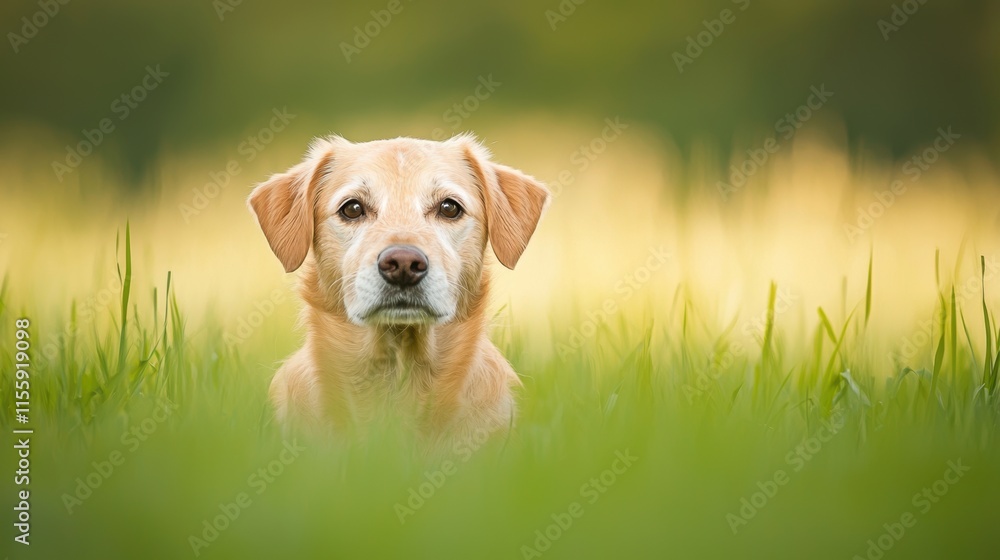 Golden Labrador Retriever Sitting in Green Grass Field Outdoors Golden Labrador Retriever Sitting in Green Grass Field Outdoors