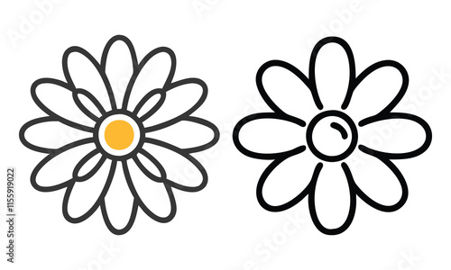 Minimalist daisy outline drawings with yellow center, Two simple daisy outline drawings, one featuring a yellow center, showcasing clean lines and symmetrical floral designs for versatile use.
