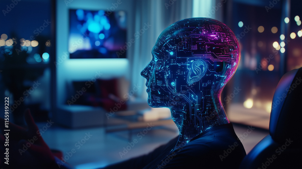 Futuristic AI Humanoid Avatar with Glowing Circuits Interacting with Human in a Cyberpunk High-Tech Modern Home Design Futuristic AI Humanoid Avatar with Glowing Circuits Interacting with Human in a Cyberpunk High-Tech Modern Home Design
