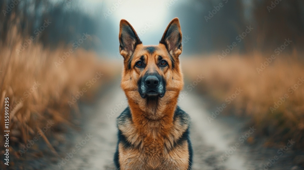 Majestic German Shepherd Dog on a Foggy Pathway in Nature Majestic German Shepherd Dog on a Foggy Pathway in Nature