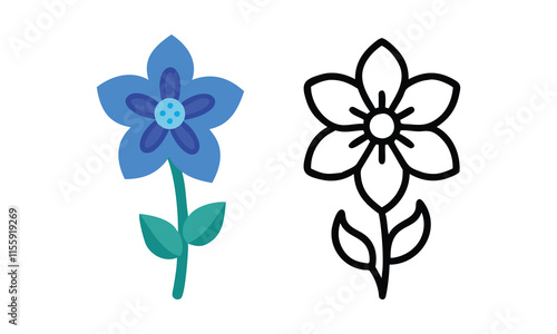 Blue flower illustration and outline drawing, A simple blue flower illustration with green leaves paired with a black-and-white outline, showcasing minimalist and artistic designs.
