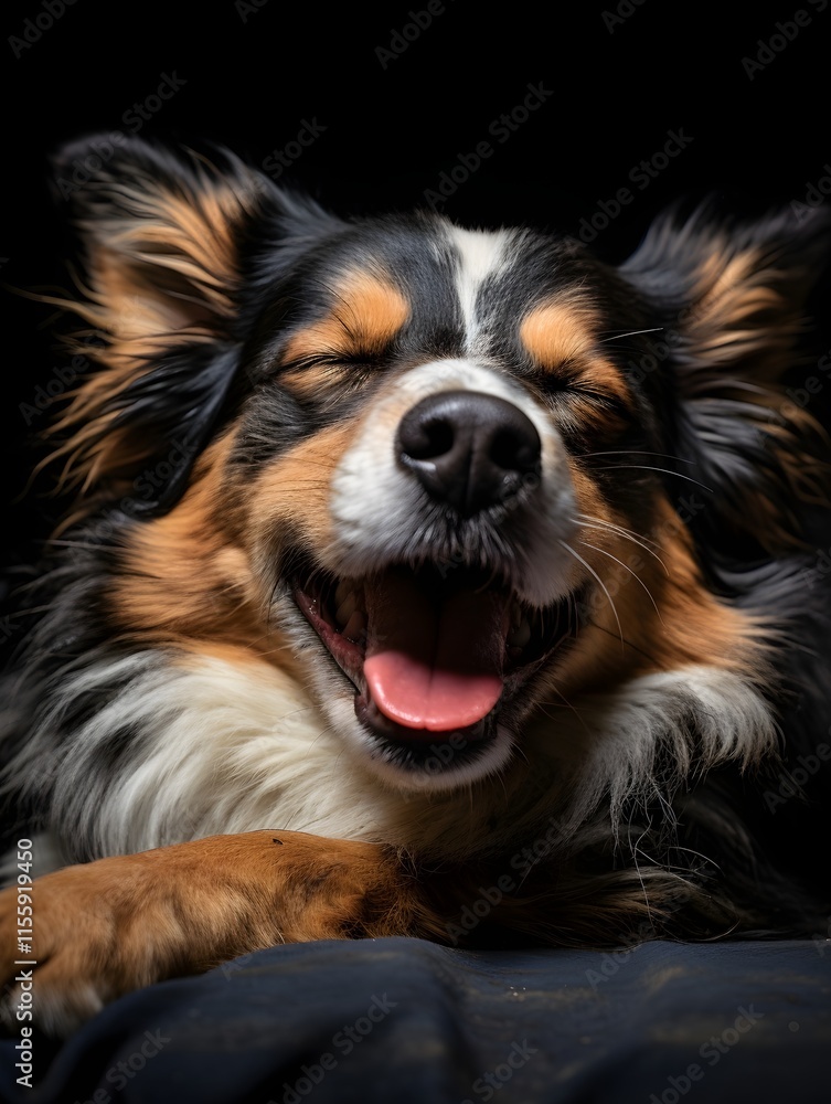 A tired dog lies on a white background, yawning widely. The scene conveys calm and serenity.
A tired dog lies on a white background, yawning widely. The scene conveys calm and serenity.