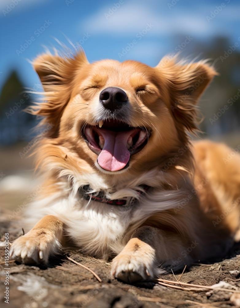 A tired dog lies on a white background, yawning widely. The scene conveys calm and serenity.
A tired dog lies on a white background, yawning widely. The scene conveys calm and serenity.