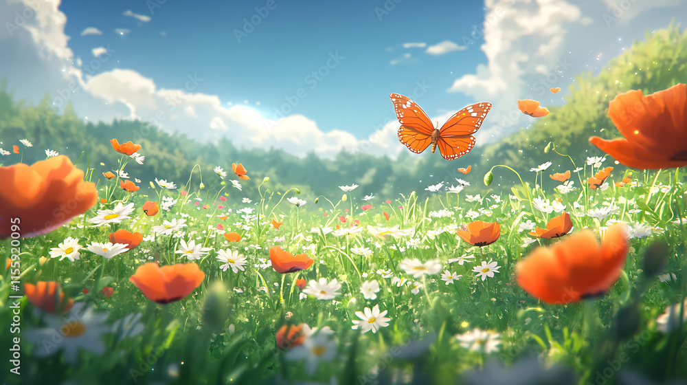Obraz premium Summer Meadow Dream: Vivid orange butterflies dance above a vibrant field of poppies and daisies, bathed in the warm glow of a sunny day. A picturesque scene of serenity and natural beauty.
