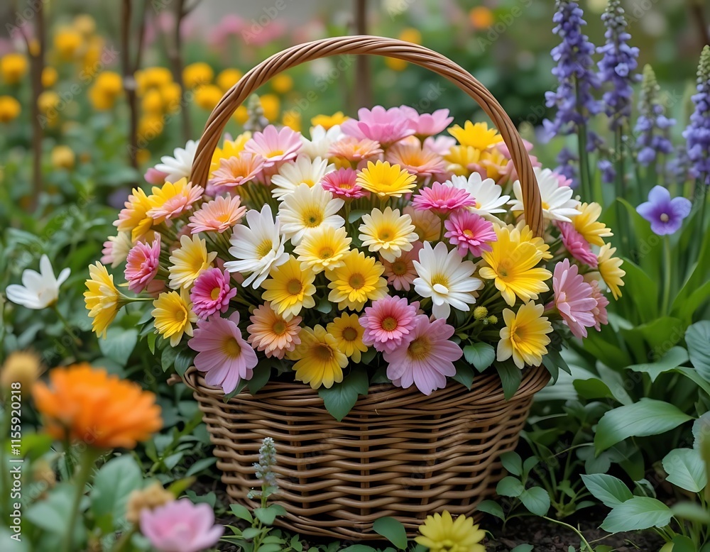 Colorful daisies in a wicker basket garden setting Colorful daisies in a wicker basket garden setting