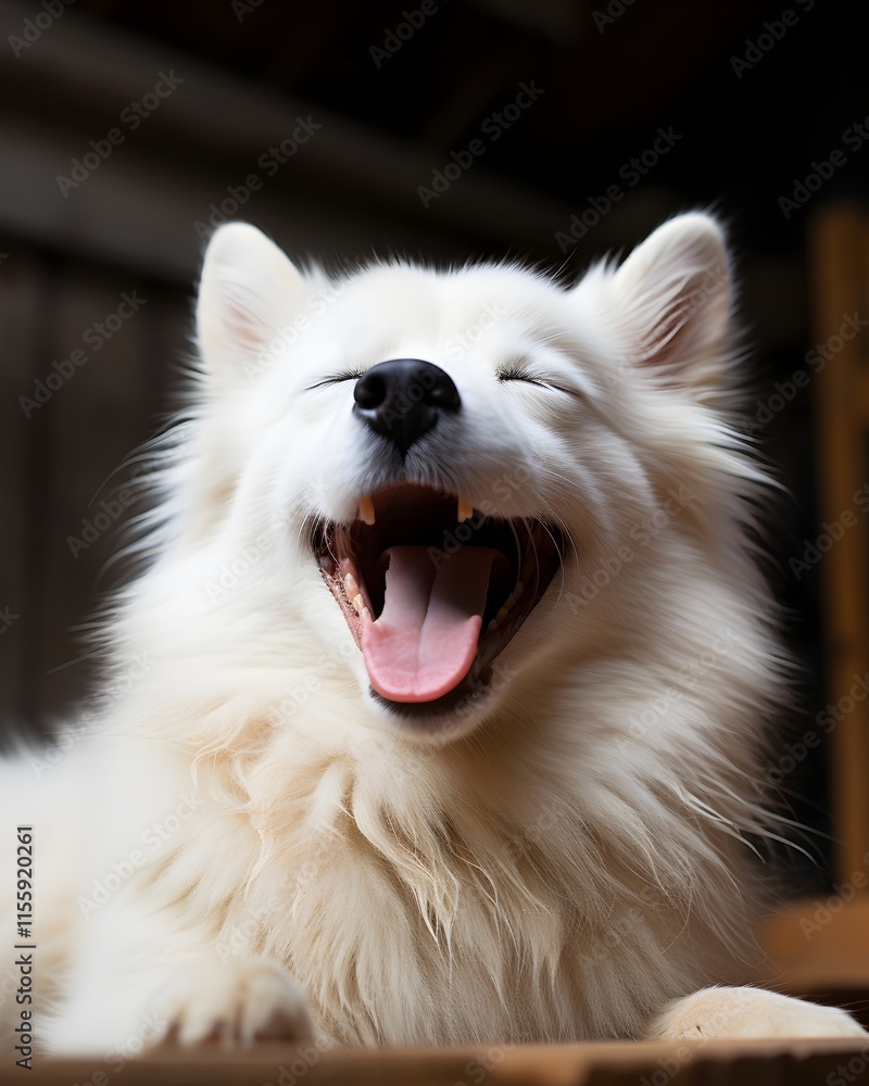 A tired dog lies on a white background, yawning widely. The scene conveys calm and serenity.
A tired dog lies on a white background, yawning widely. The scene conveys calm and serenity.