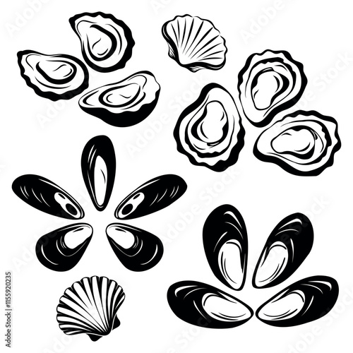 
set of black and line icons oysters, scallops, shells, mussels