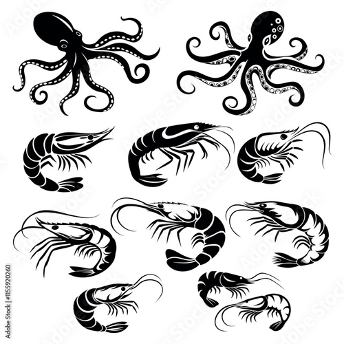 
shrimp and octopus icon set