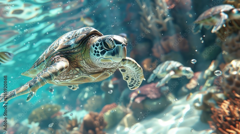Obraz premium Majestic Sea Turtle Gracefully Swimming in a Vibrant Coral Reef