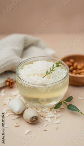 Glass of rice water for skin care. Natural beauty treatment, top view