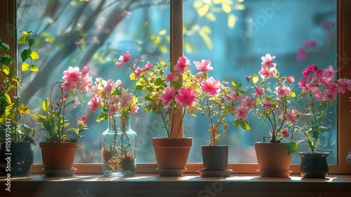 Colorful flowering plants on a windowsill with natural light in a serene setting